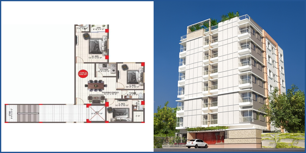 Green Monowara Palace 3 Bed 2nd Floor Unit D 1350 SFT