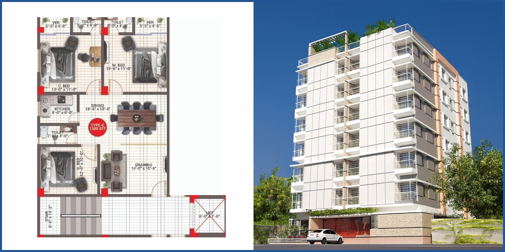 Green Monowara Palace 3 Bed 4th Floor Unit C 1300 SFT