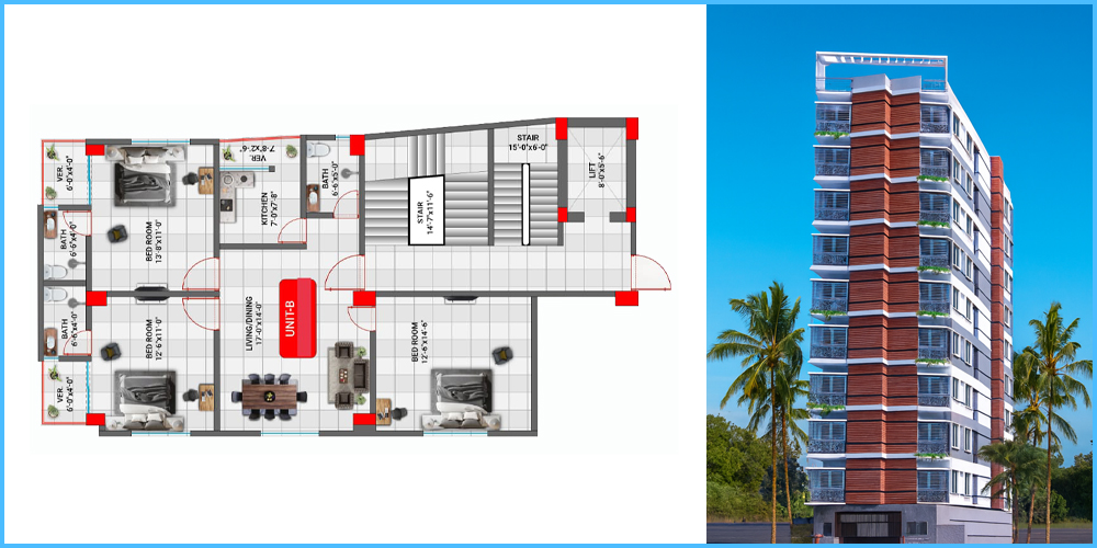 Royal Palace 3 Bed 9th Floor Unit B 1400 SFT